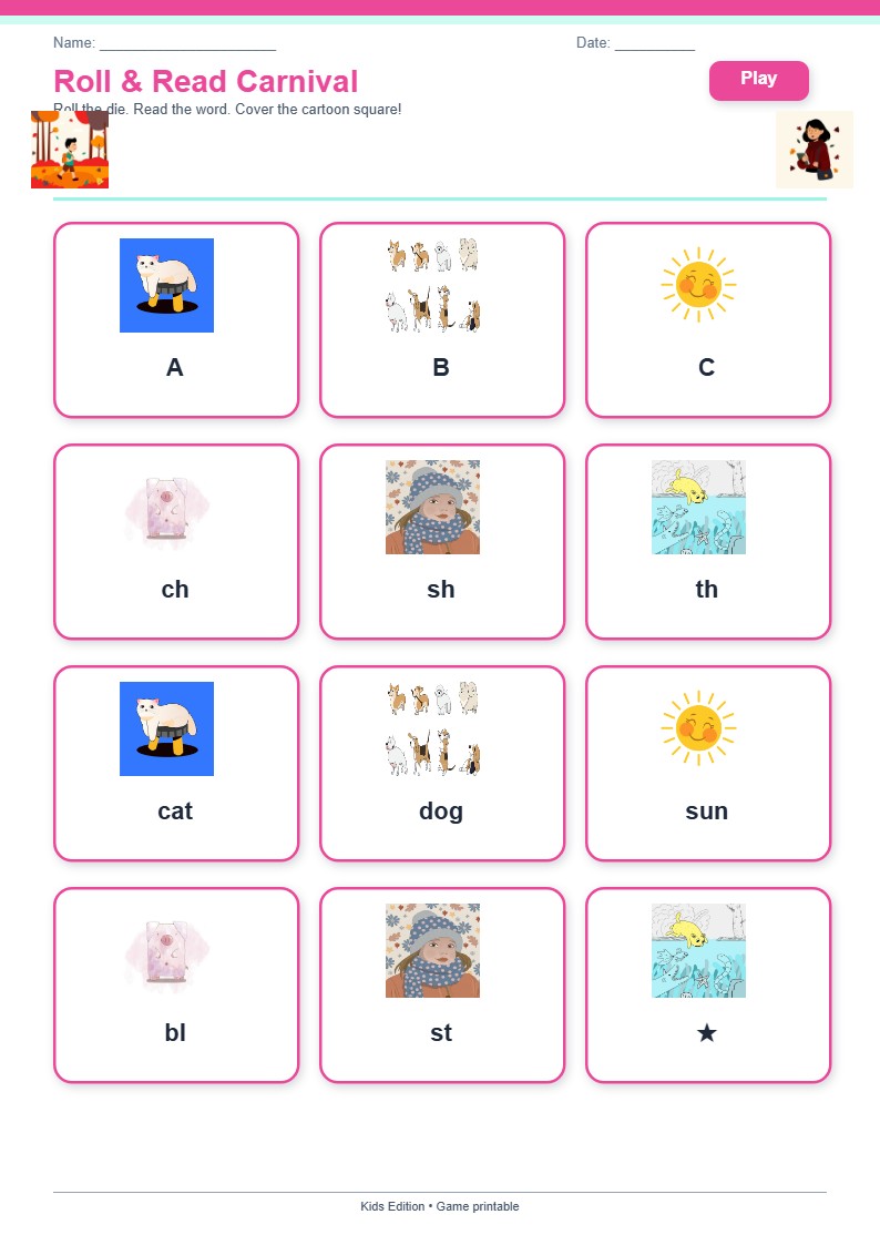 Roll & Read Carnival — free printable template preview