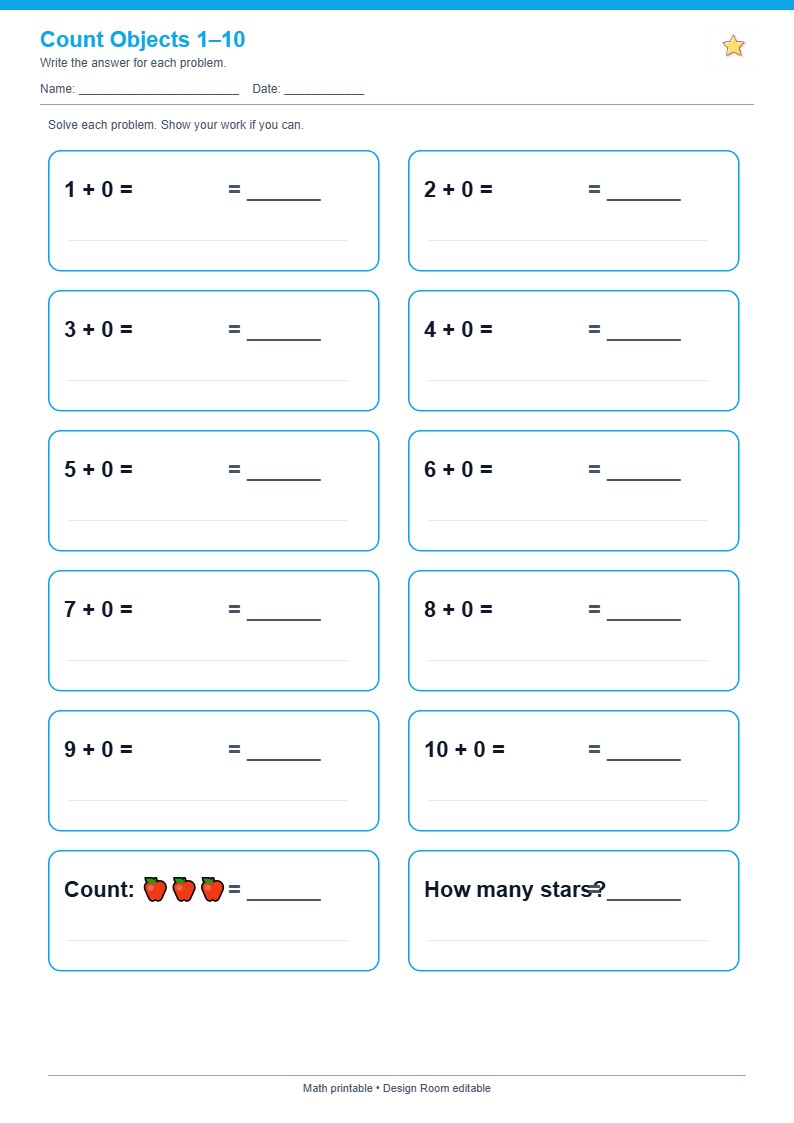 Count Objects 1–10 — free printable template preview