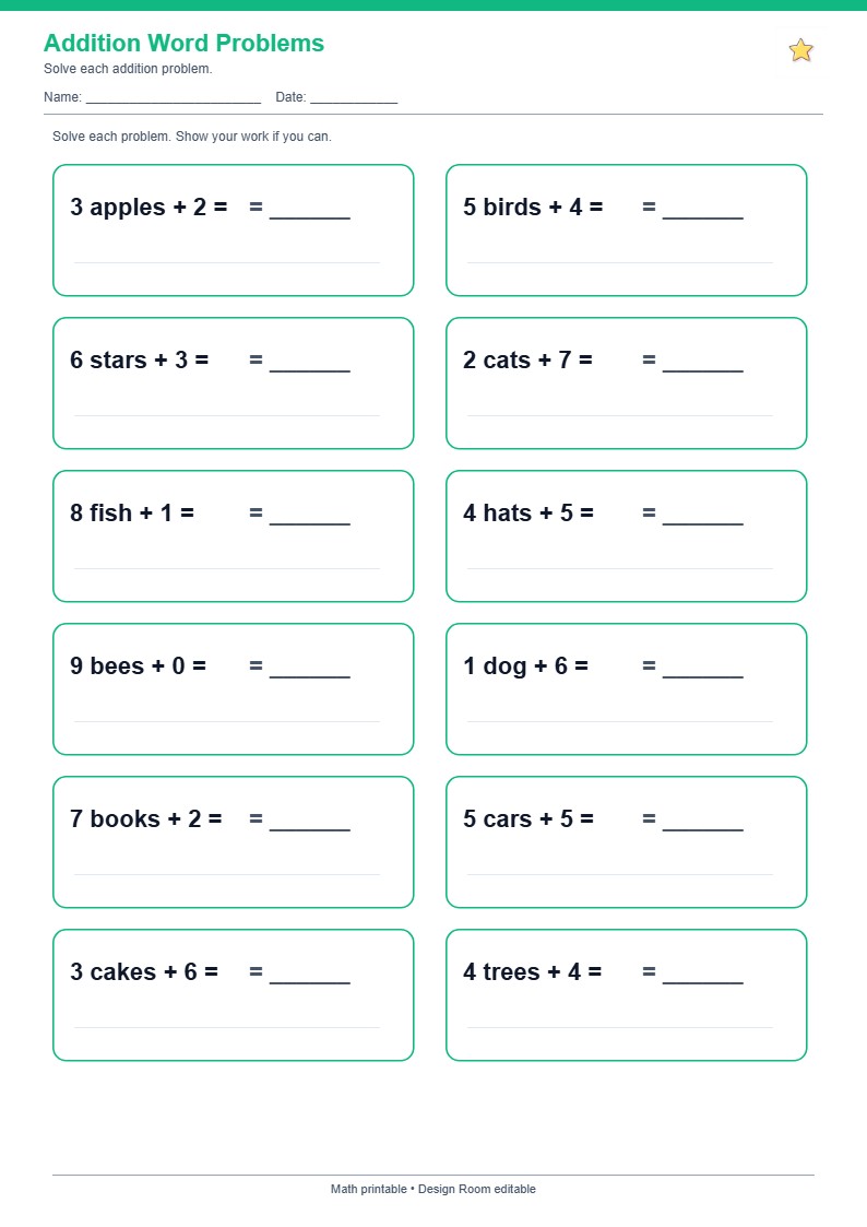 Addition Word Problems — free printable template preview