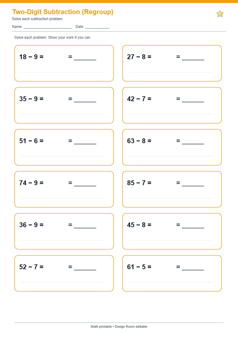 Two-Digit Subtraction (Regroup) — free printable template preview