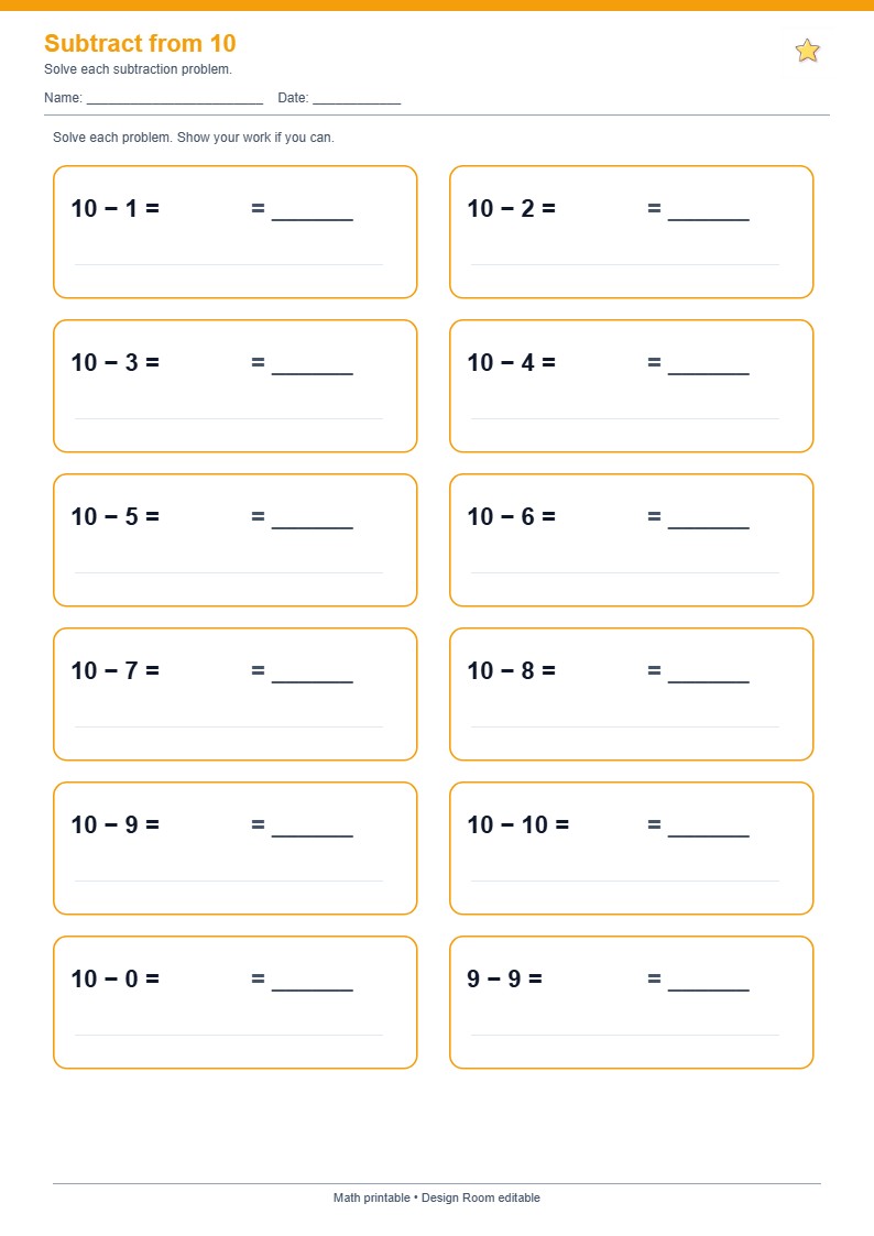 Subtract from 10 — free printable template preview