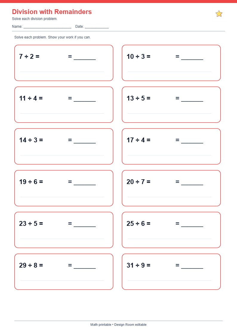 Division with Remainders — free printable template preview
