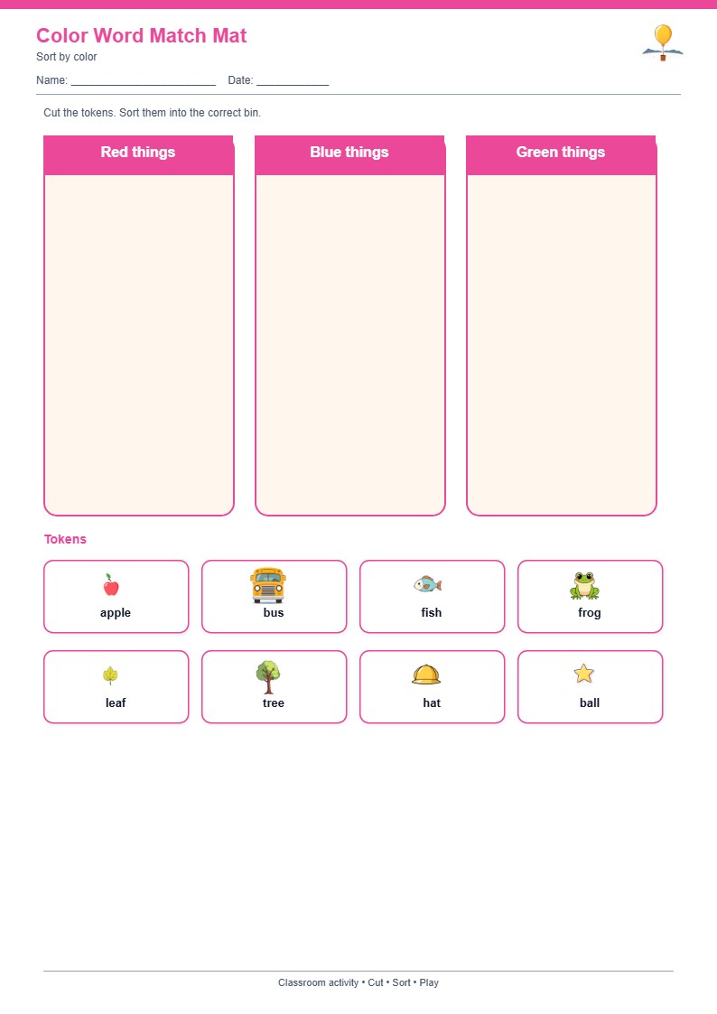 Color Word Match Mat — free printable template preview