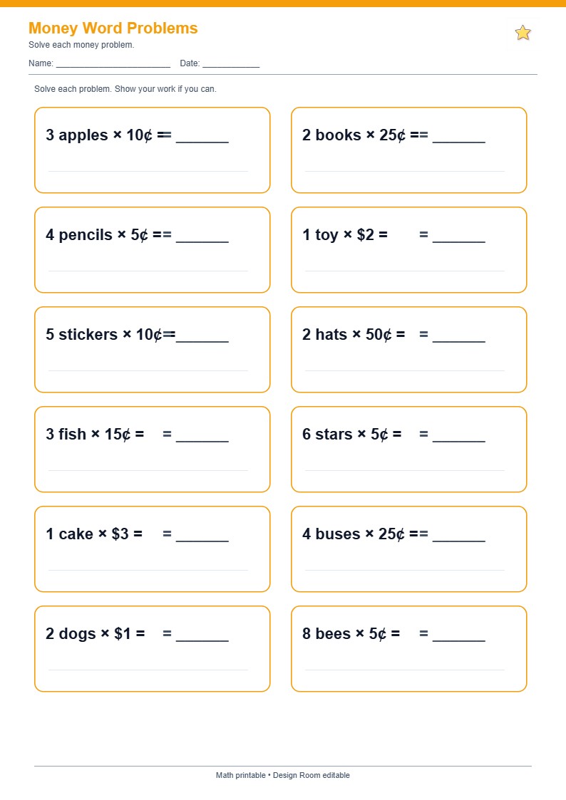 Money Word Problems — free printable template preview