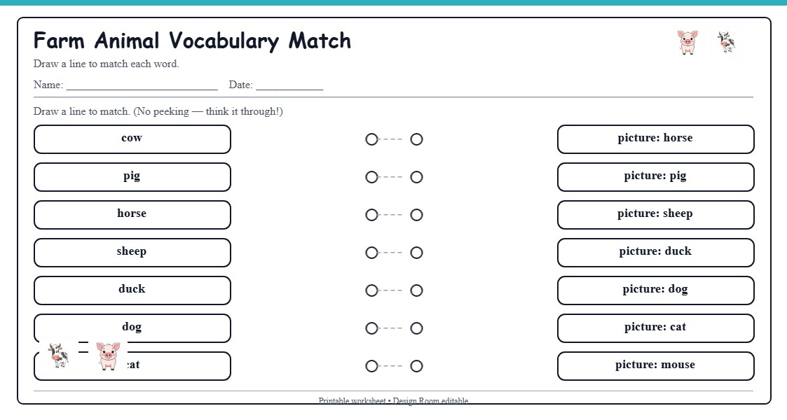 Farm Animal Vocabulary Match