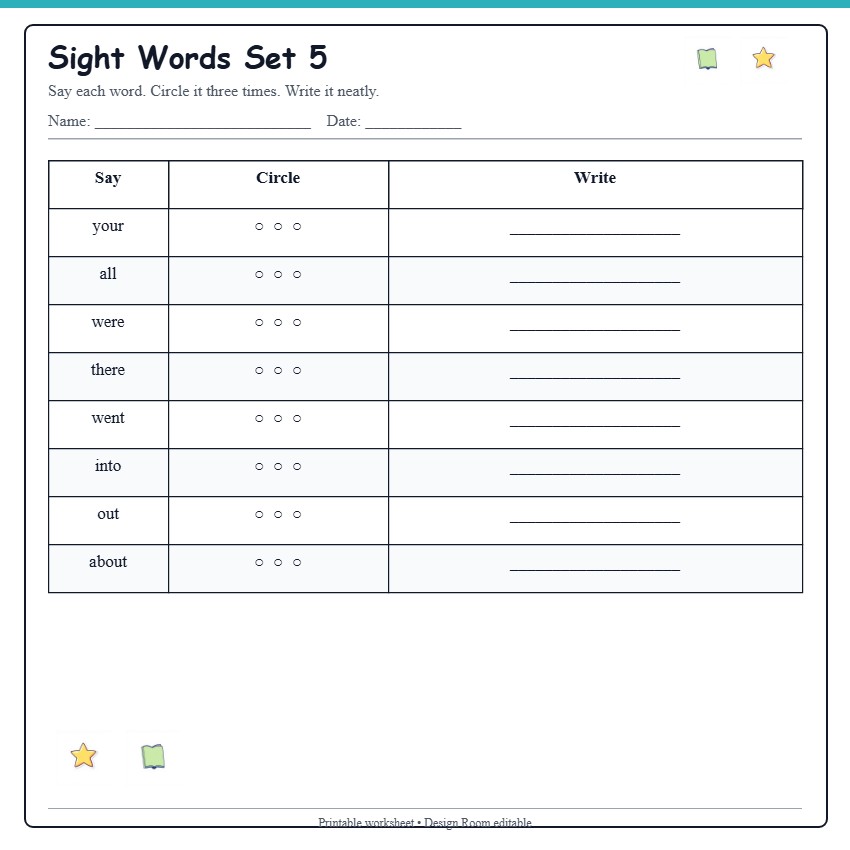 Sight Words Practice Grid 5