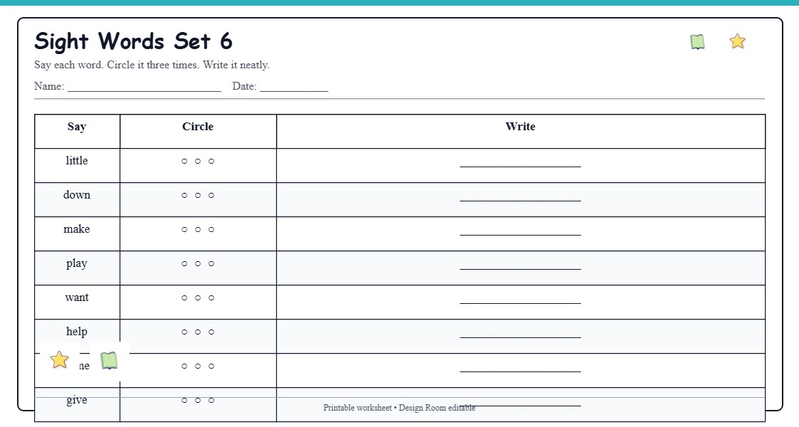 Sight Words Practice Grid 6