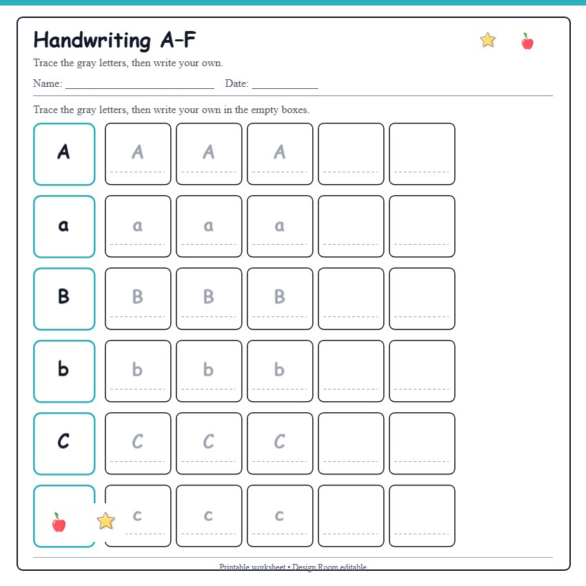 Handwriting A–F — free printable template preview