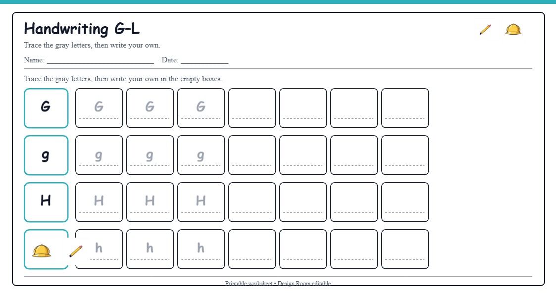 Handwriting G–L — free printable template preview