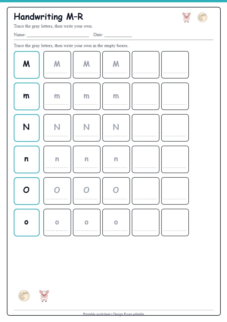 Handwriting M–R — free printable template preview