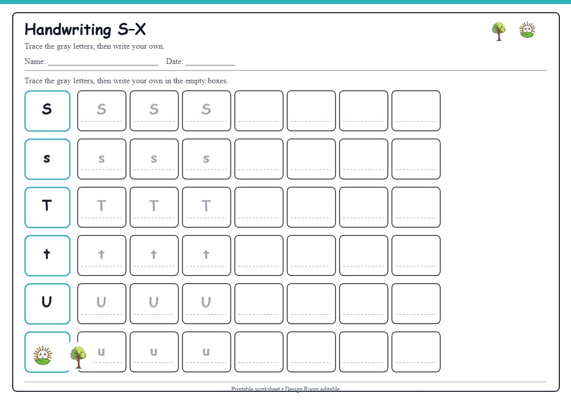 Handwriting S–X — free printable template preview