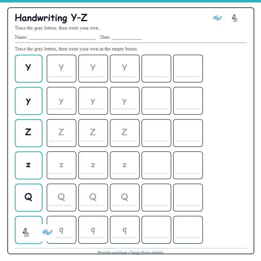 Handwriting Y–Z — free printable template preview