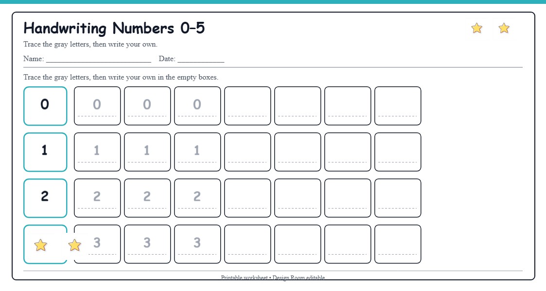 Handwriting Numbers 0–5 — free printable template preview