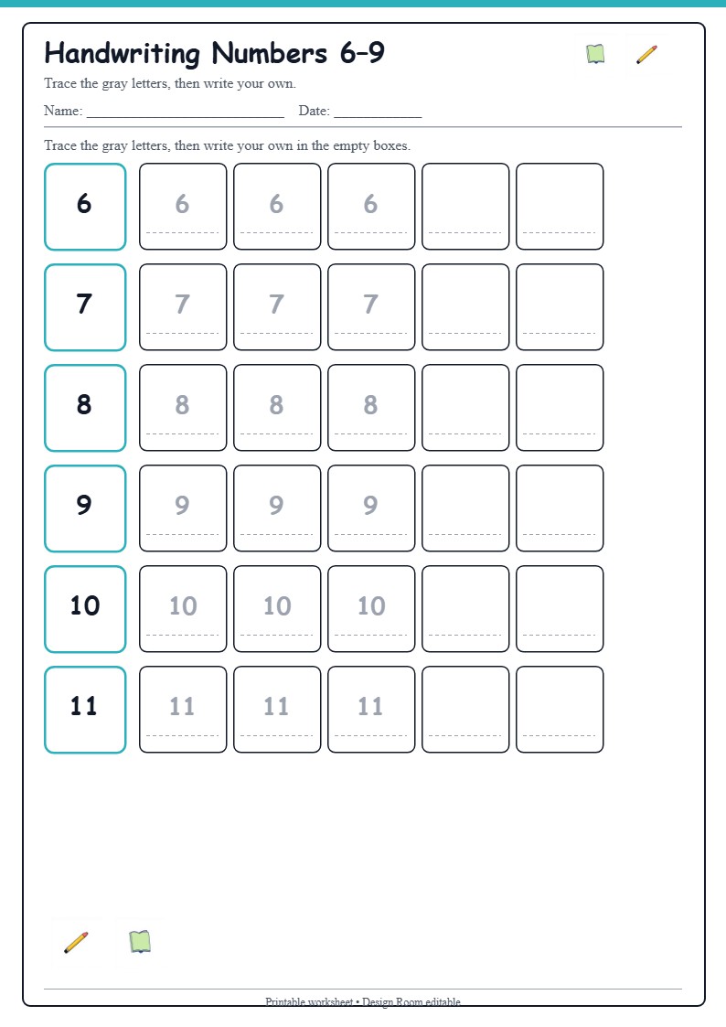 Handwriting Numbers 6–9 — free printable template preview