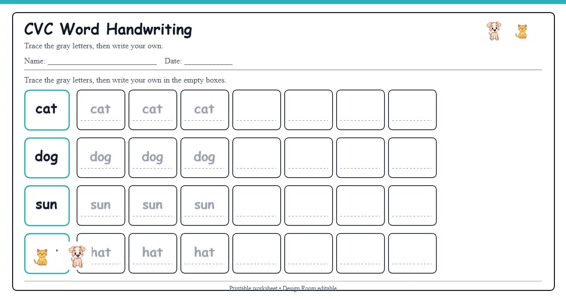 CVC Word Handwriting — free printable template preview