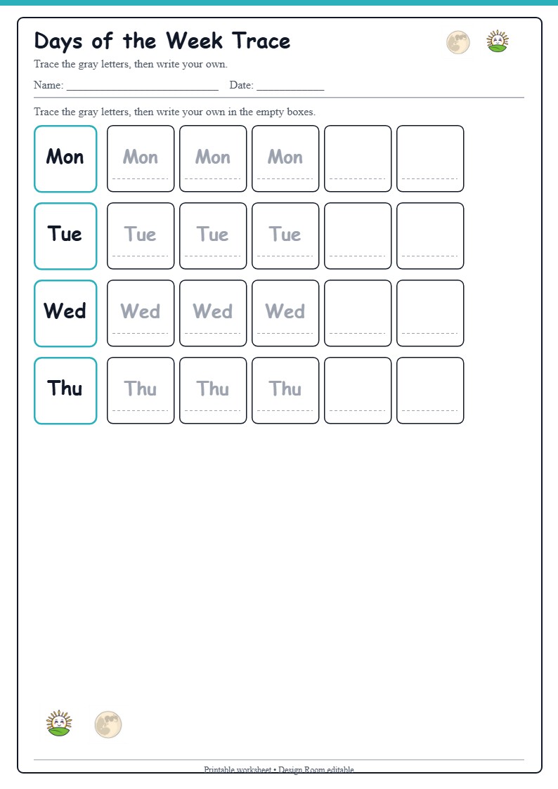 Days of the Week Trace — free printable template preview