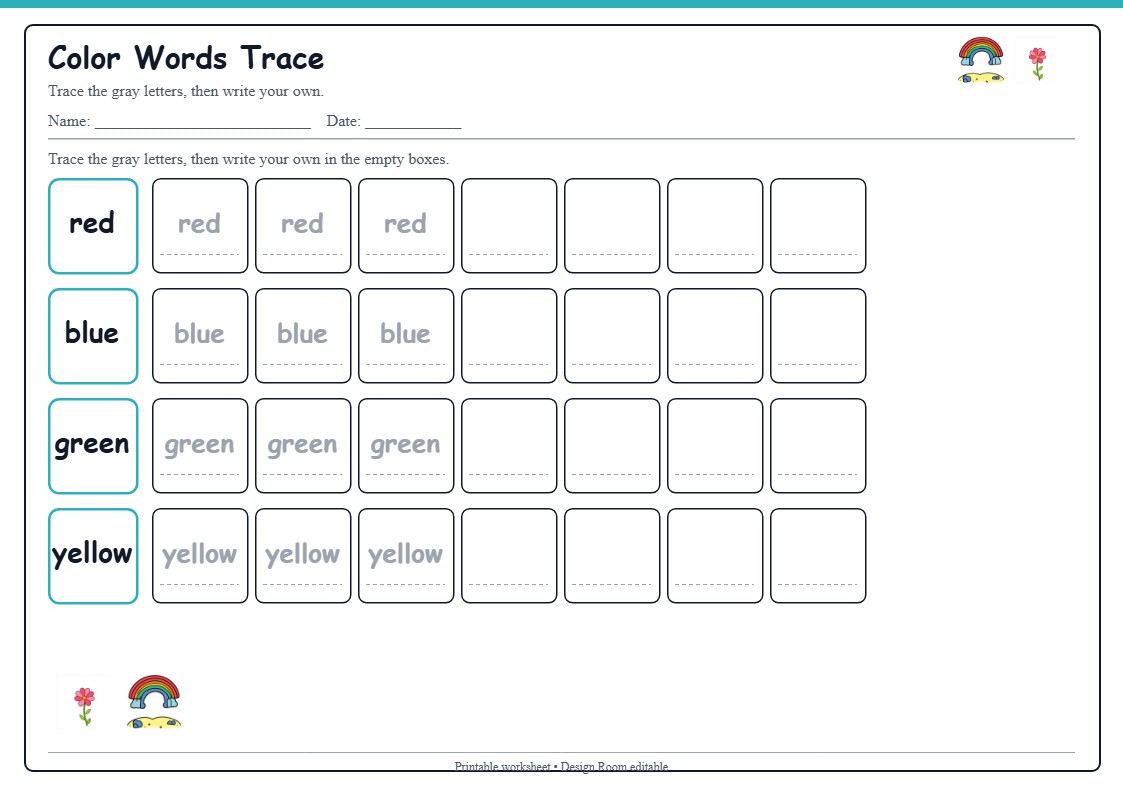 Color Words Trace — free printable template preview
