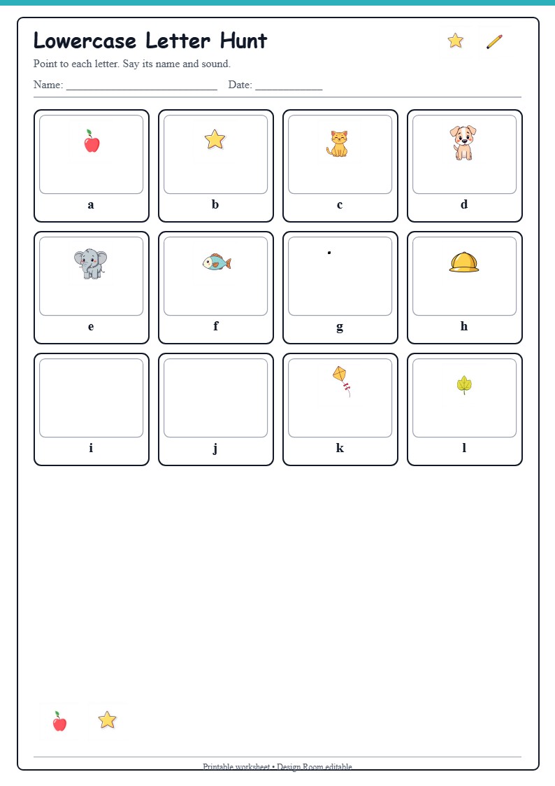 Lowercase Letter Hunt — free printable template preview
