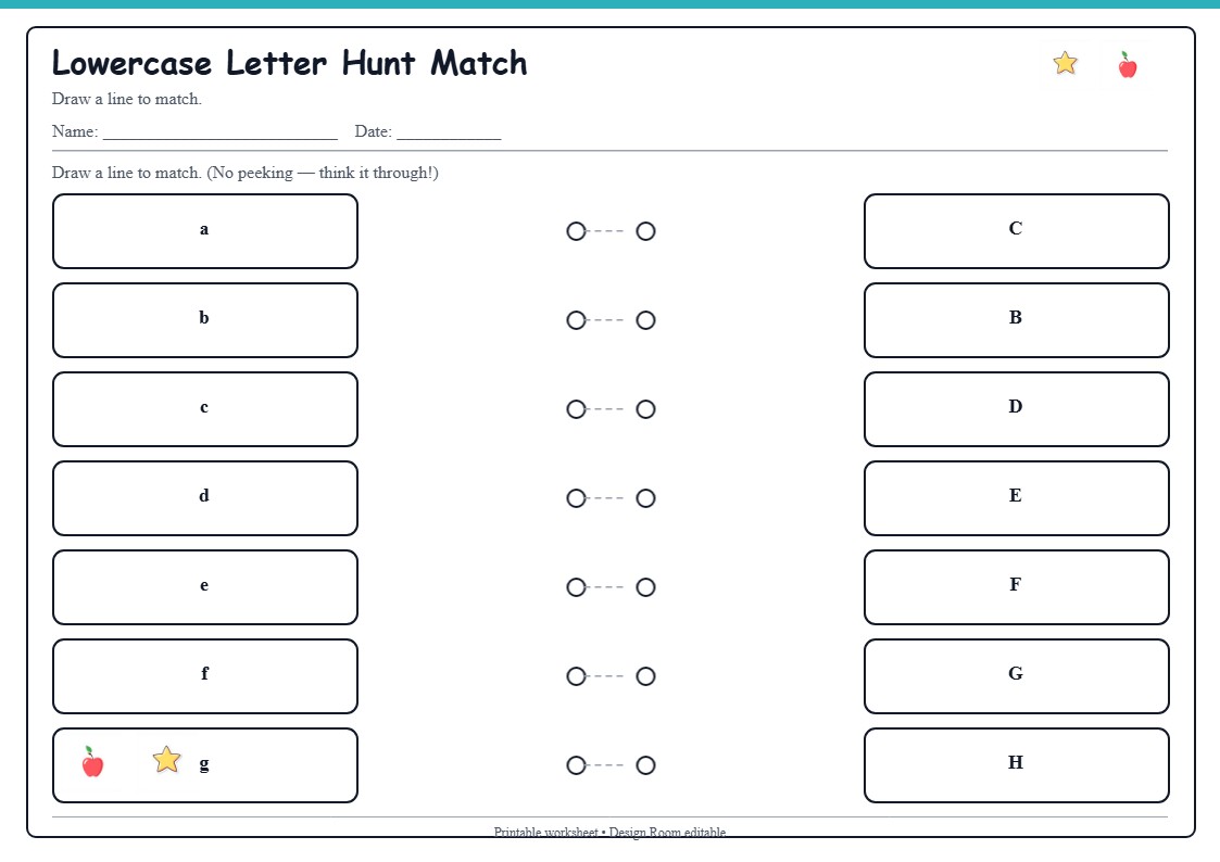 Lowercase Letter Hunt Match — free printable template preview