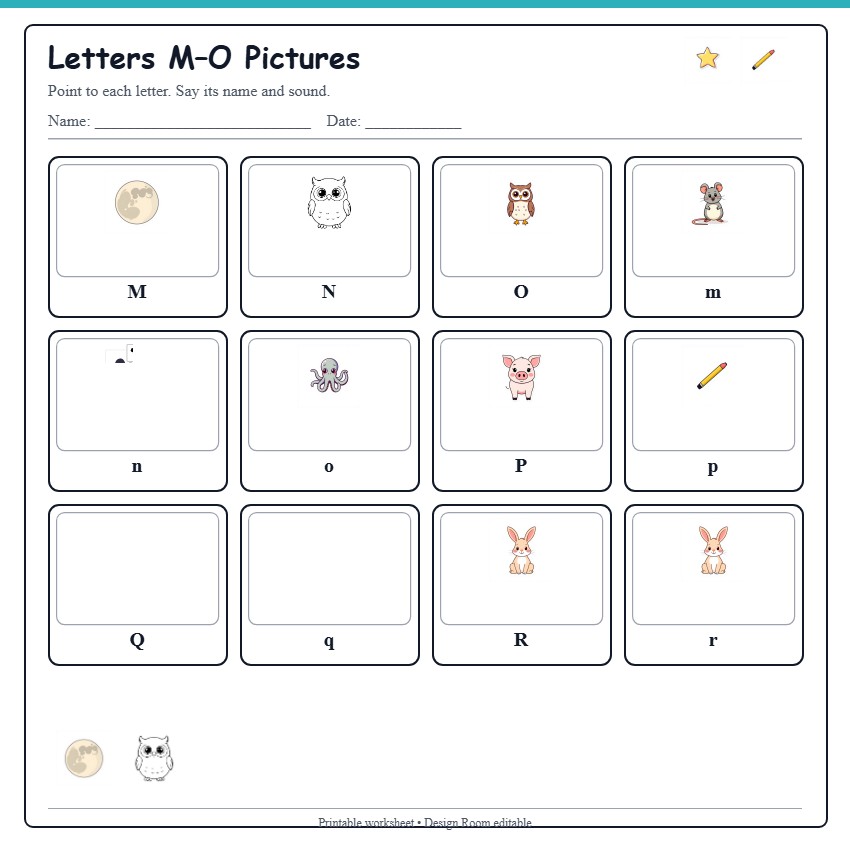Letters M–O Pictures — free printable template preview