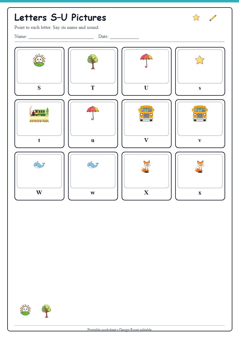 Letters S–U Pictures — free printable template preview