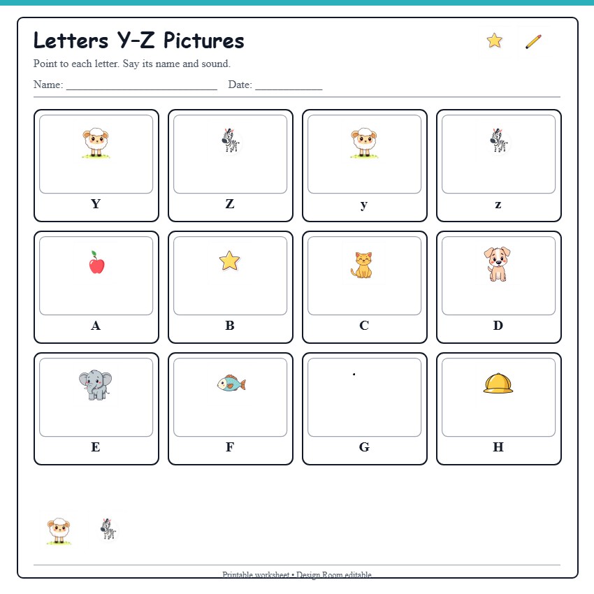 Letters Y–Z Pictures — free printable template preview