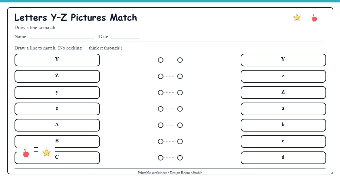 Letters Y–Z Pictures Match