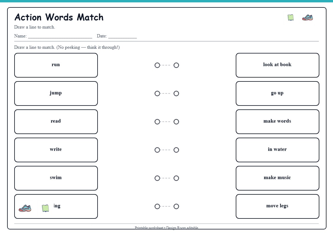 Action Words Match — free printable template preview