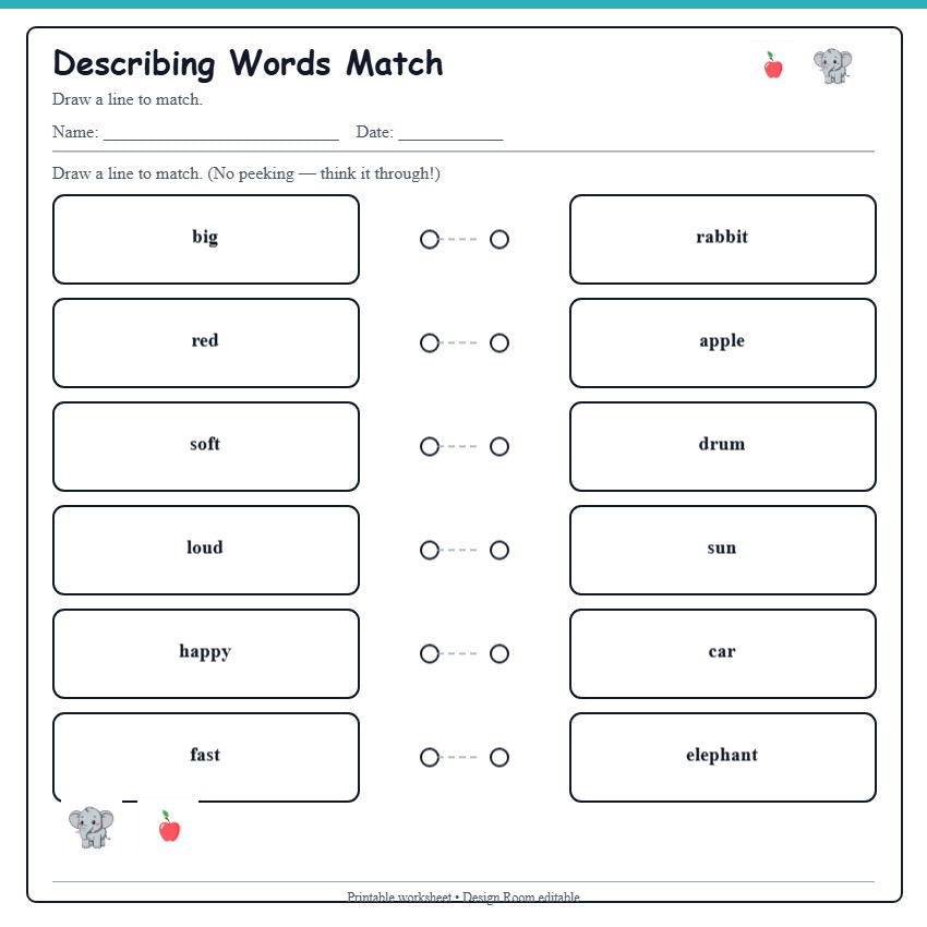 Describing Words Match — free printable template preview