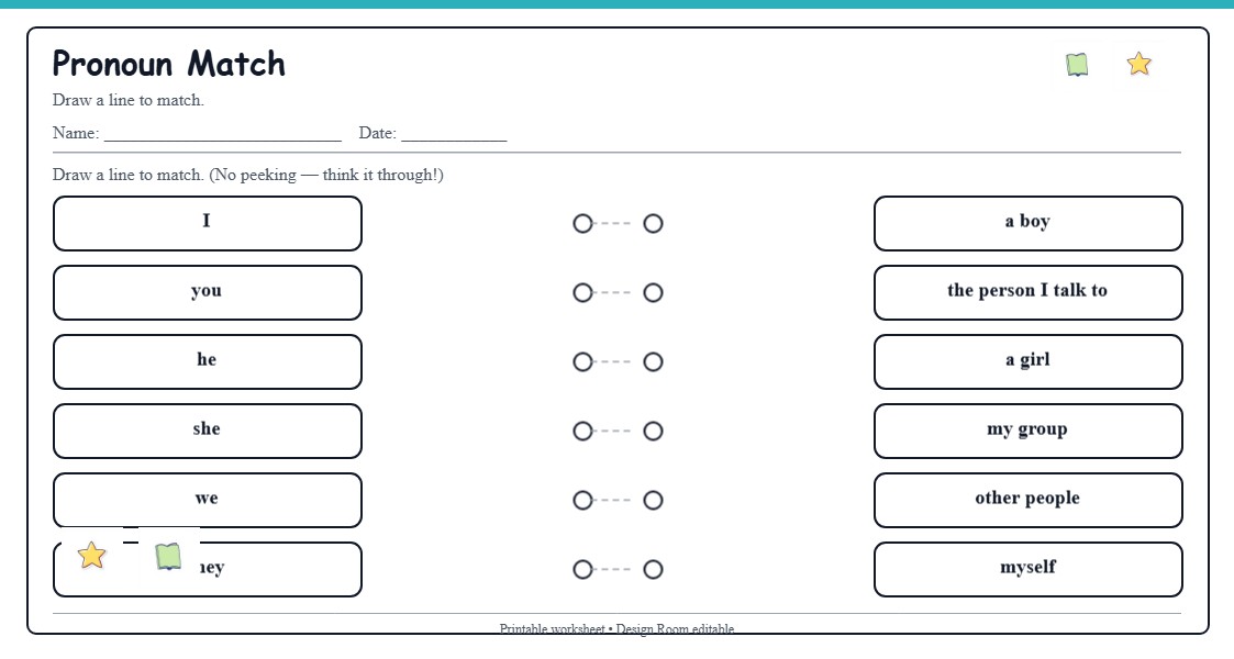 Pronoun Match — free printable template preview