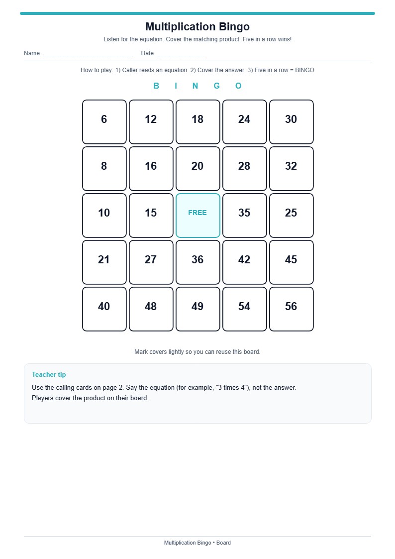Multiplication Bingo (Board + Calling Cards) — free printable template preview