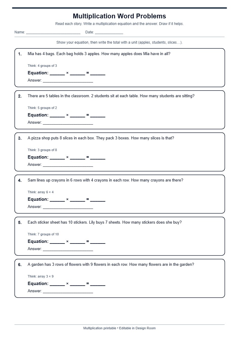Multiplication Word Problems — free printable template preview