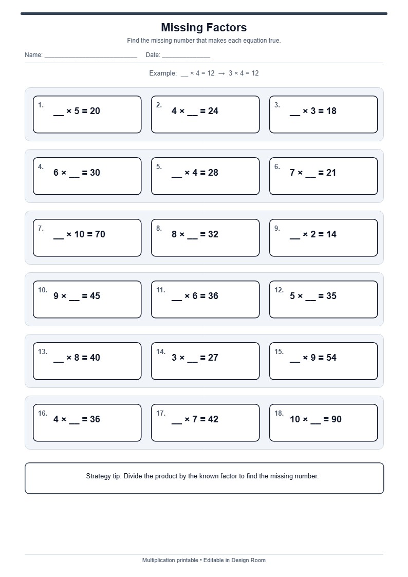 Missing Factors — free printable template preview
