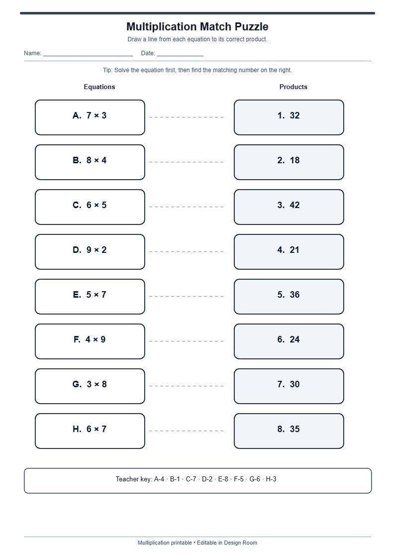 Multiplication Match Puzzle — free printable template preview