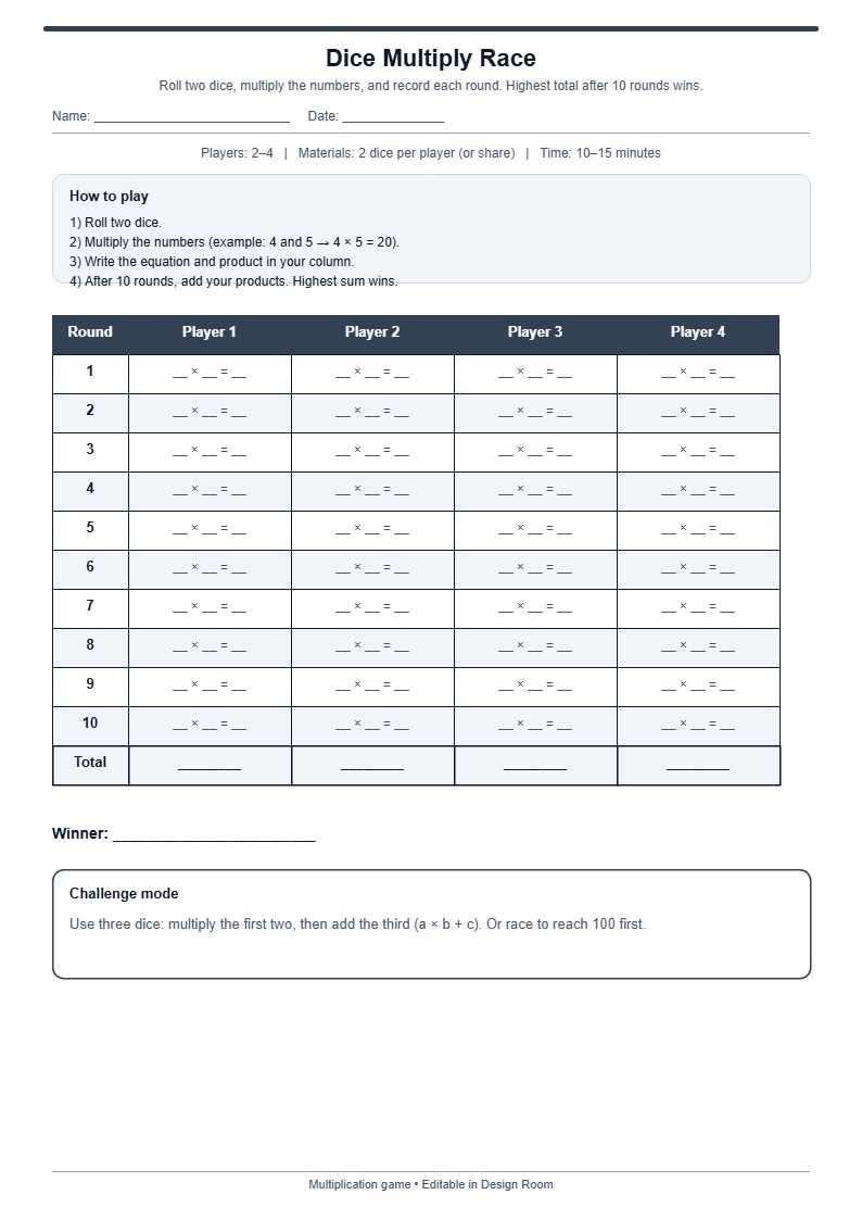 Dice Multiply Race — free printable template preview