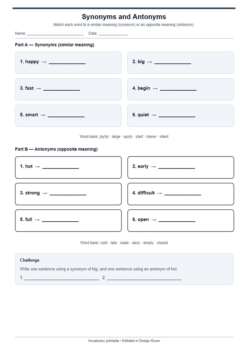Synonyms and Antonyms Worksheet
