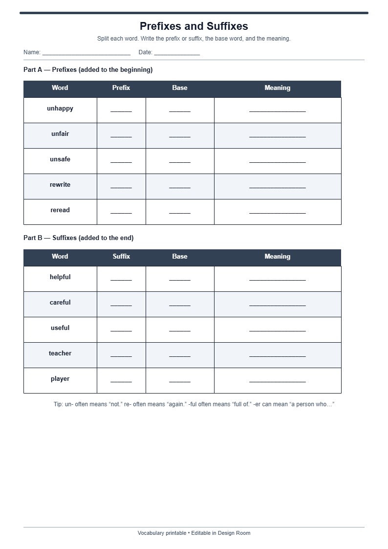 Prefixes and Suffixes Worksheet