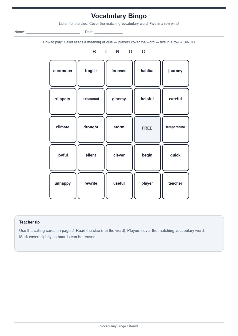 Vocabulary Bingo (Board + Calling Cards)