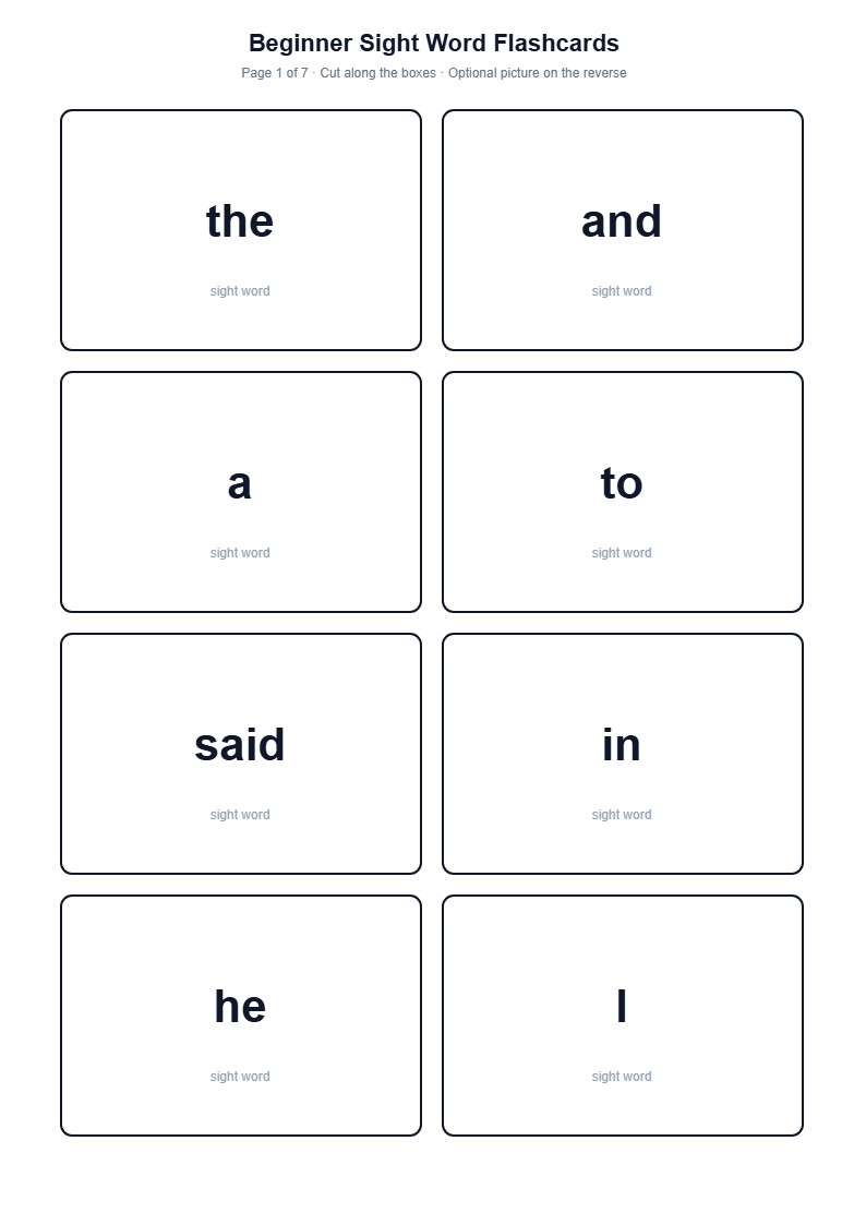 Kindergarten Sight Word Flashcards (First 50) — free printable template preview