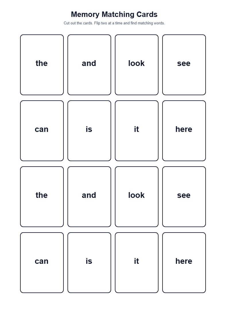 Sight Word Memory Matching Cards — free printable template preview
